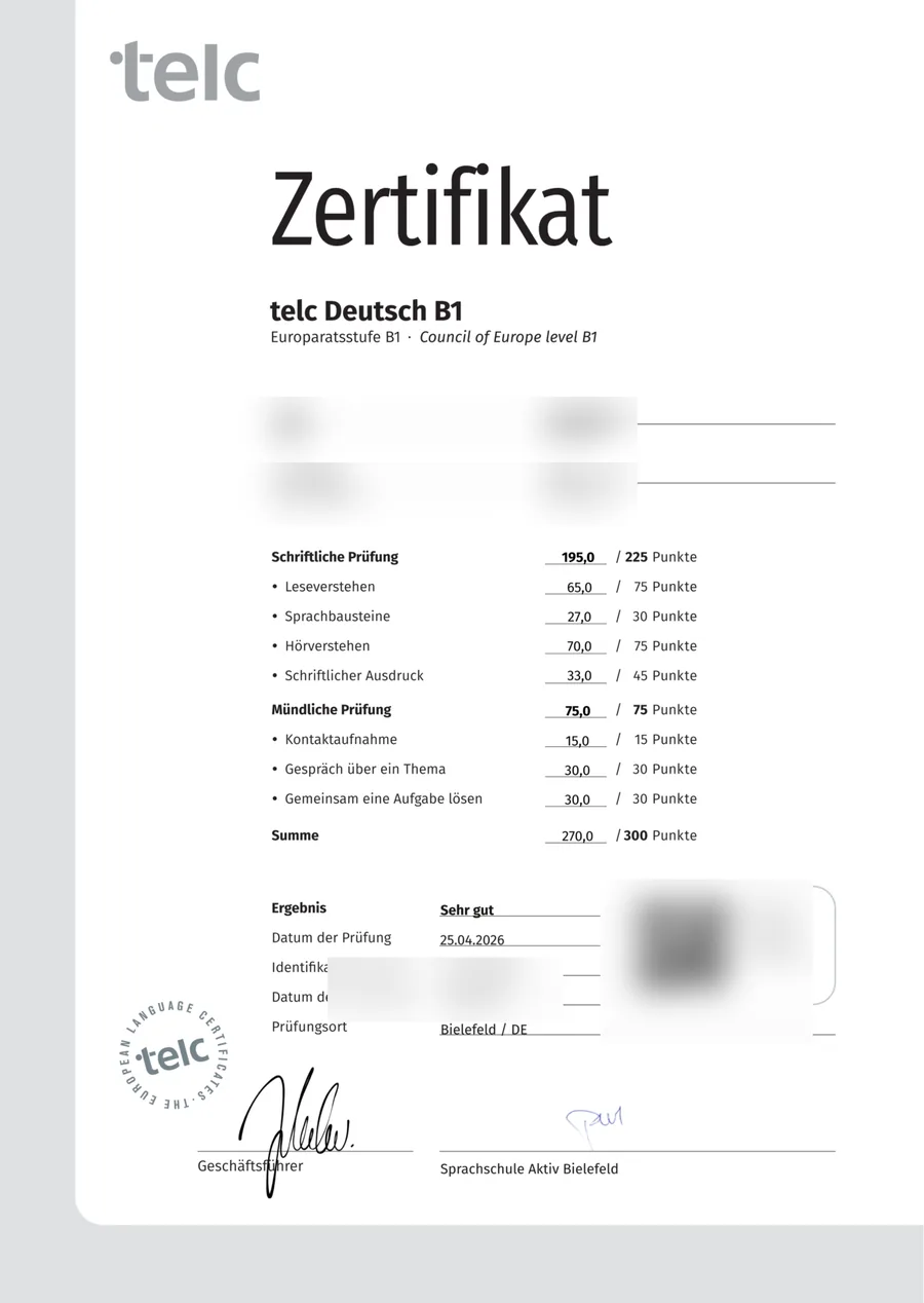 Student German exam certificate