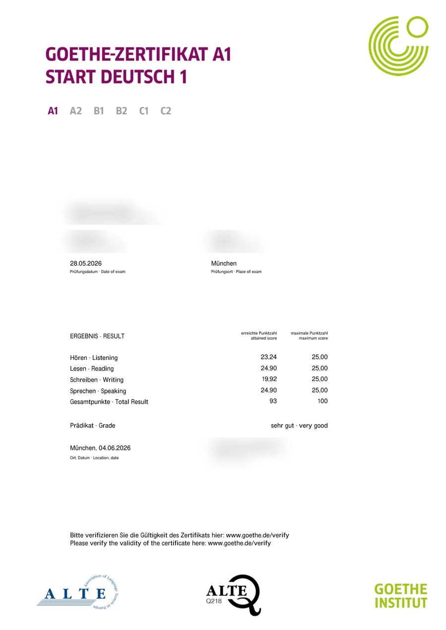 Student German exam certificate