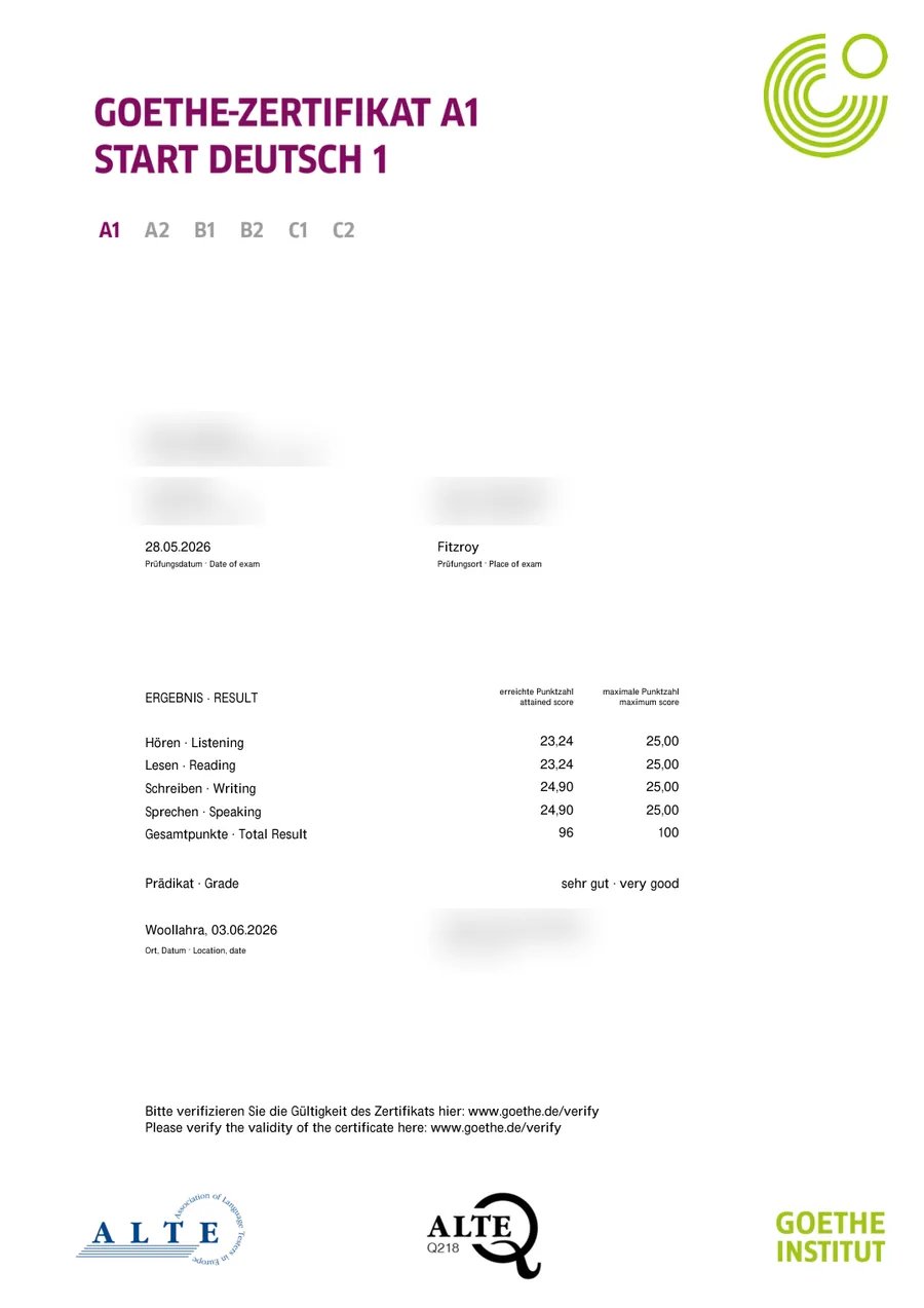 Student German exam certificate