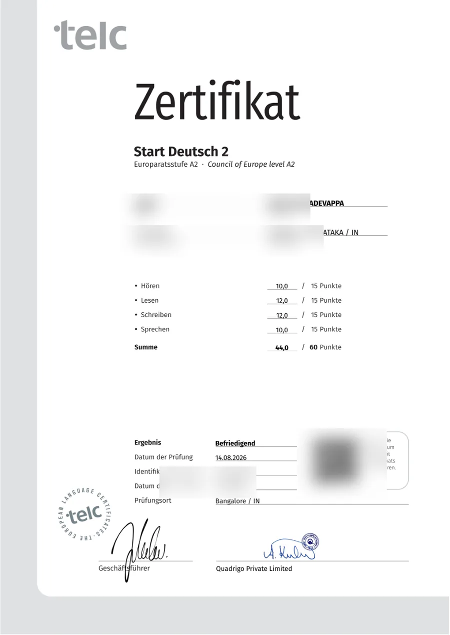 Student German exam certificate