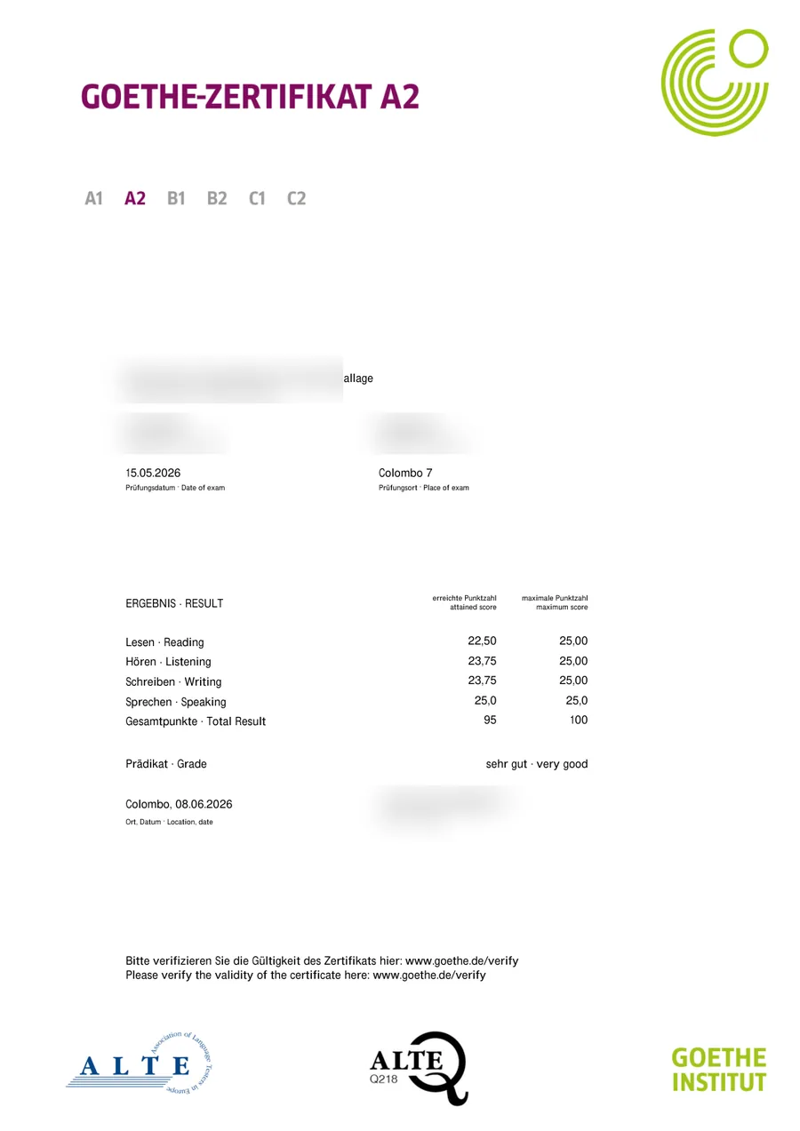 Student German exam certificate