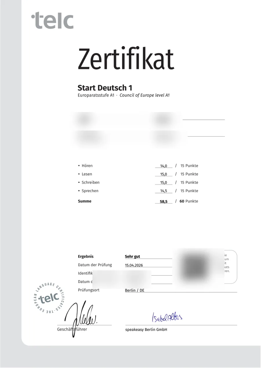 Student German exam certificate