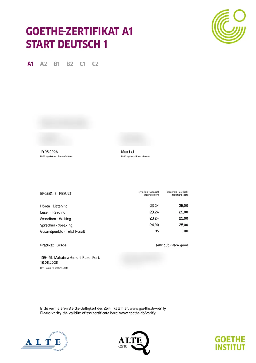 Student German exam certificate
