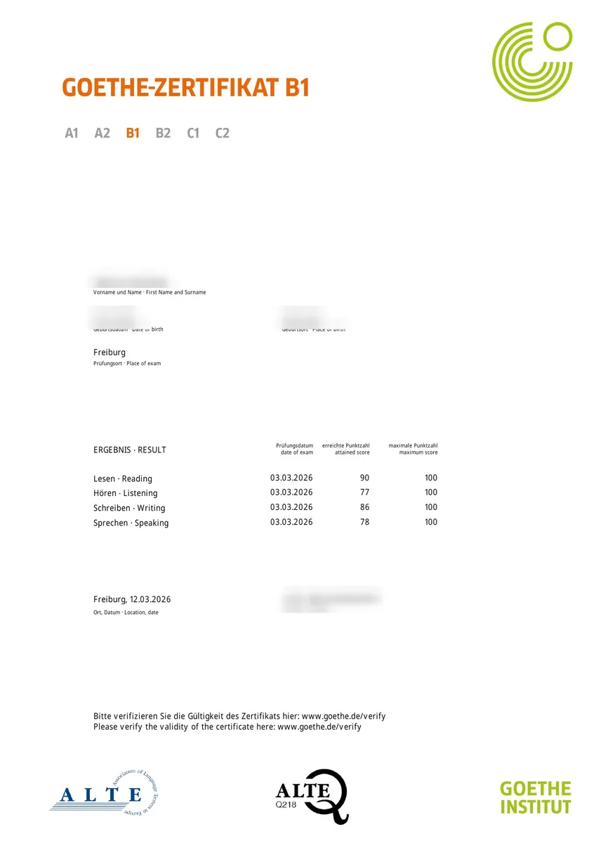 Student German exam certificate