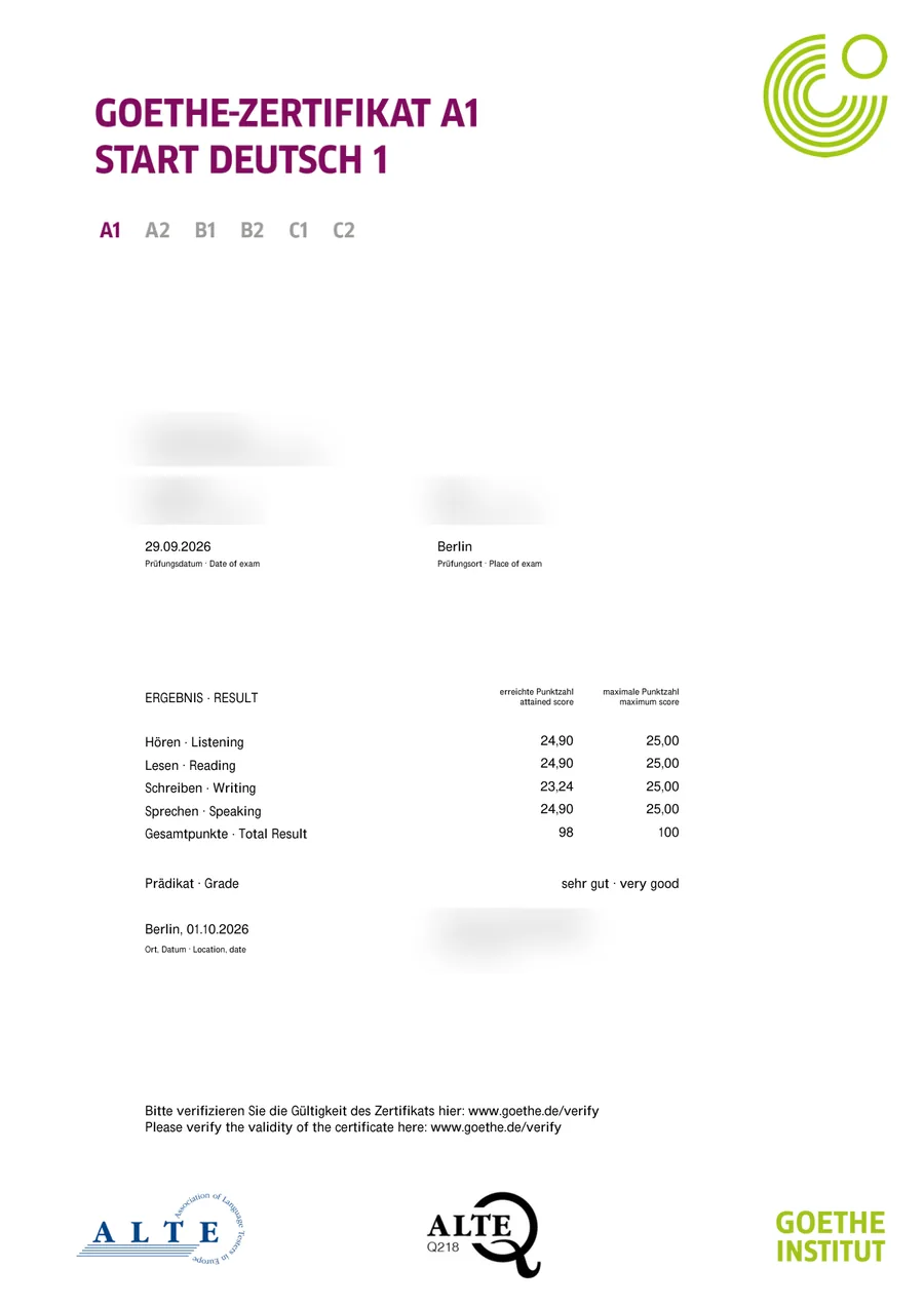 Student German exam certificate