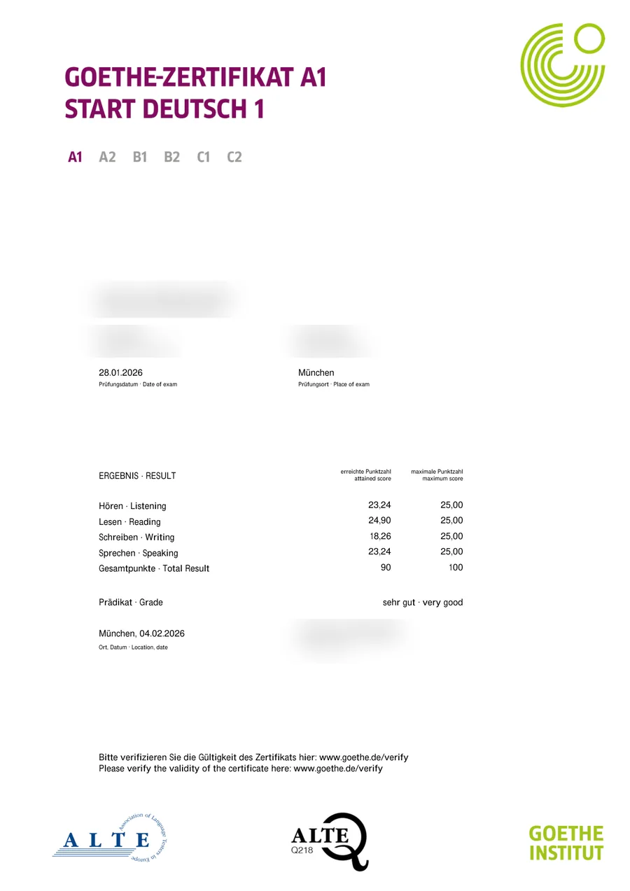 Student German exam certificate