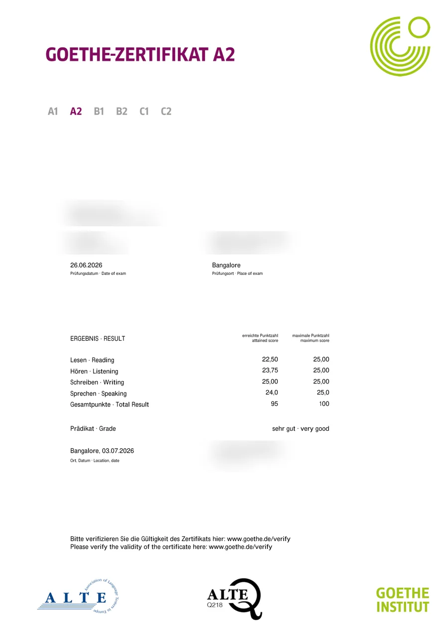 Student German exam certificate