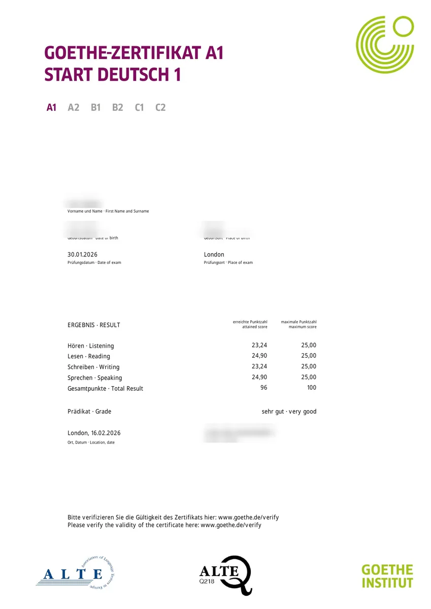 Student German exam certificate