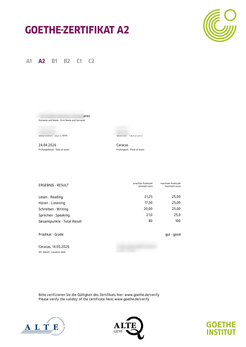Student German exam certificate