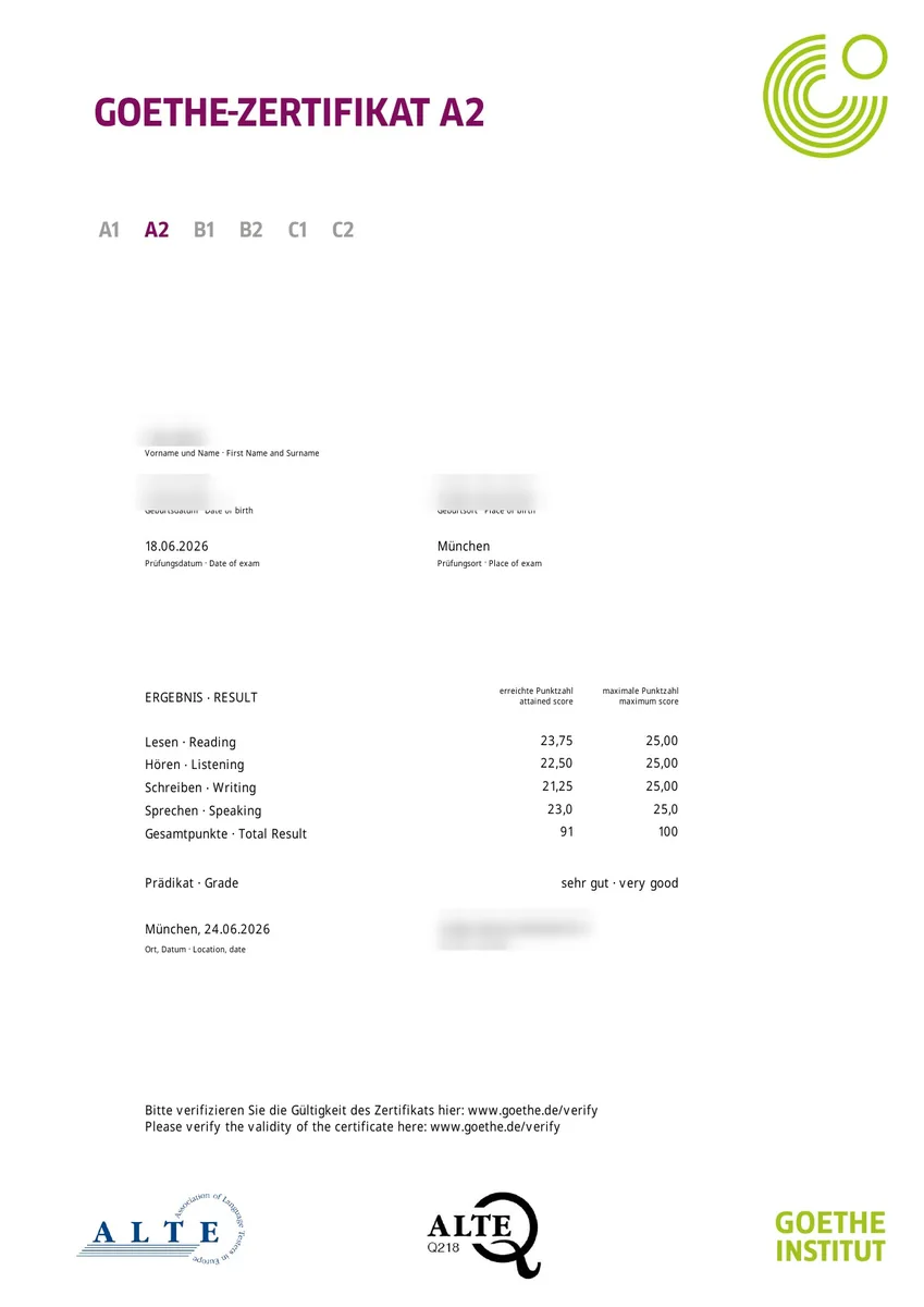 Student German exam certificate
