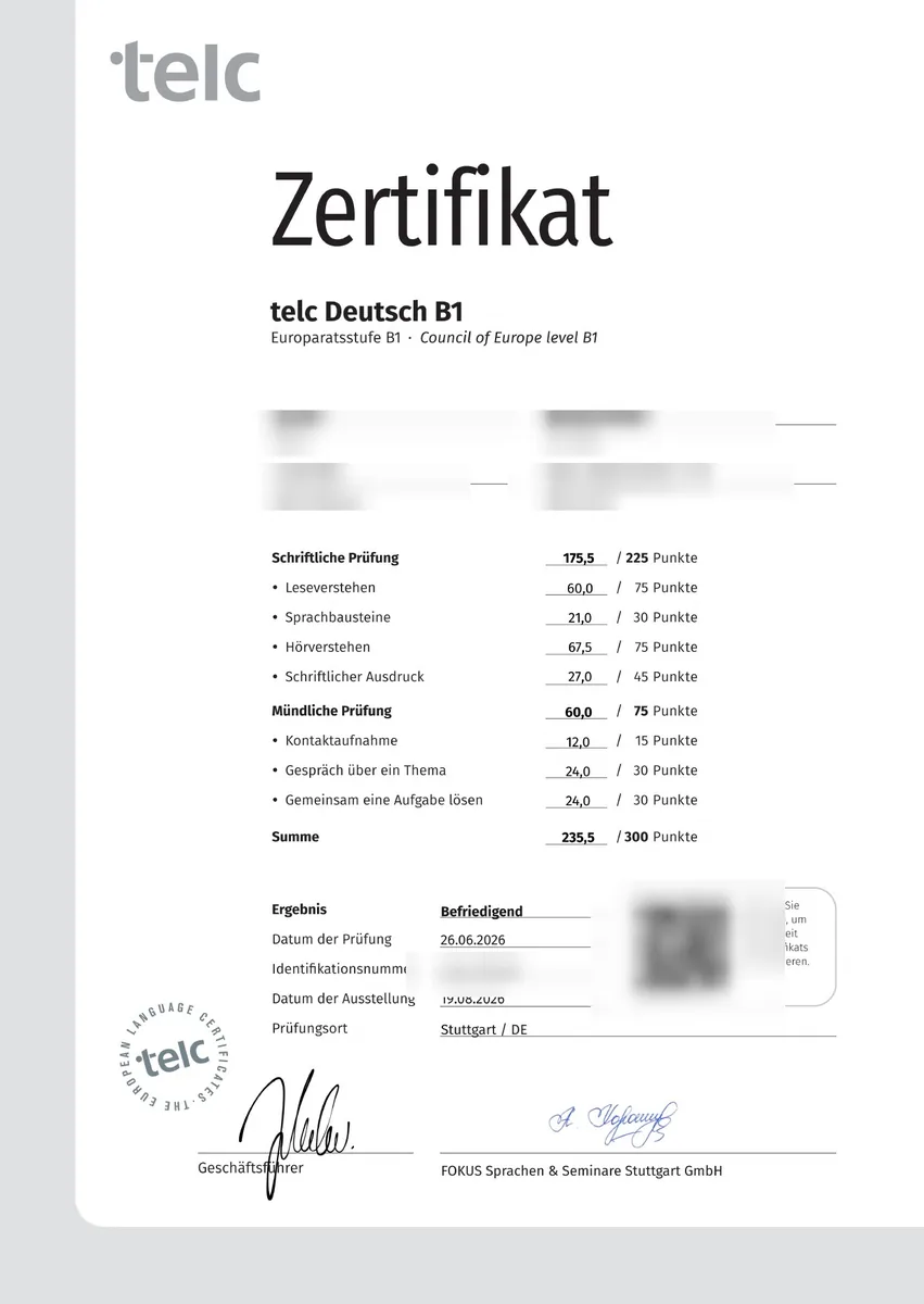 Student German exam certificate