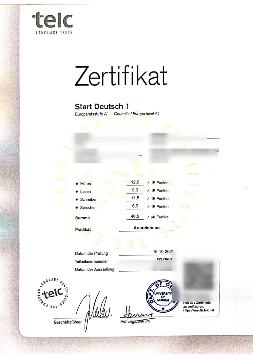 Student German exam certificate